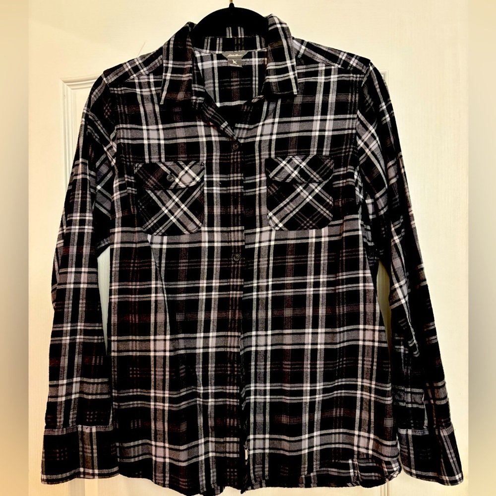 Eddie Bauer | Black and Gray Plaid Button-down Shirt